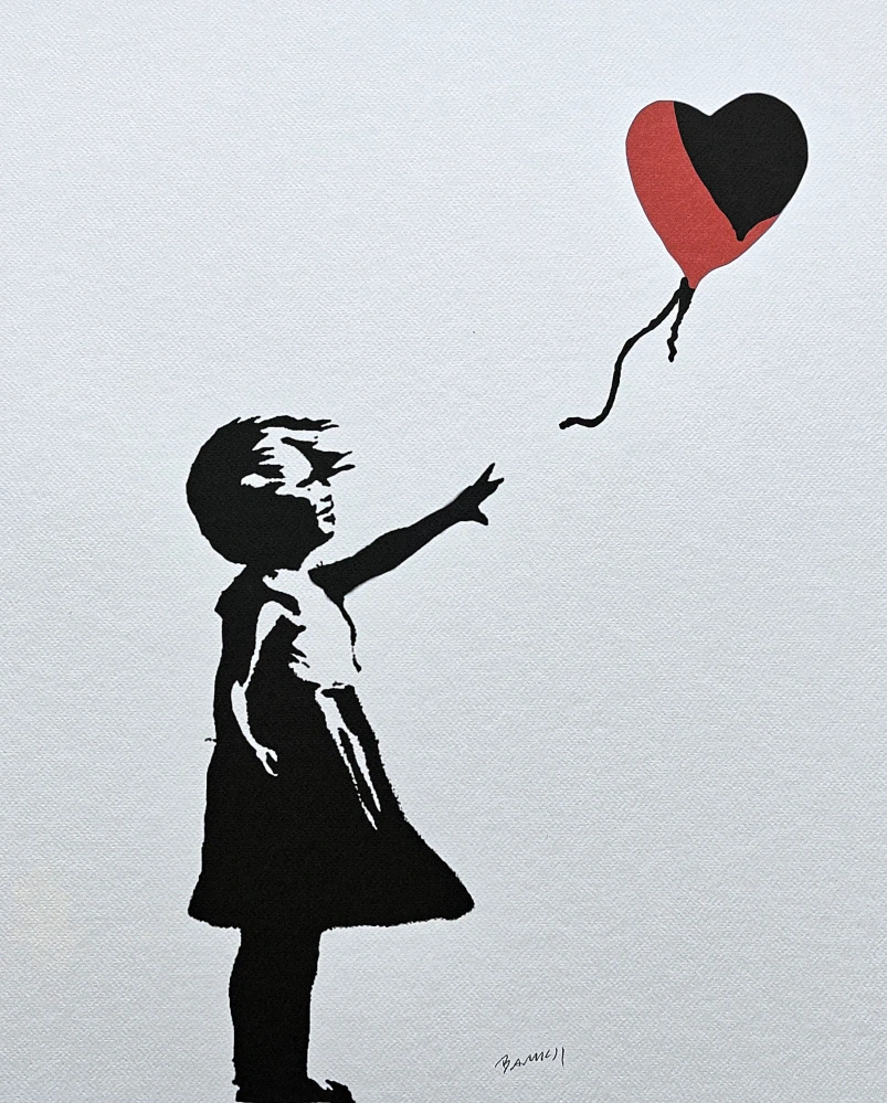 Banksy - Girl with Balloon červeno-černá 107/150 - číslovaná edice s certifikátem, 50x70cm