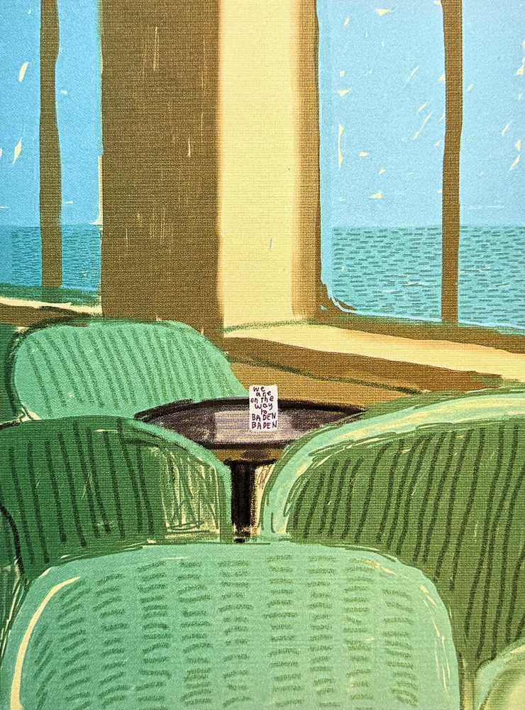 David Hockney - Restaurant with Green Chairs 251/500 - limitovaná edice s certifikátem, 35x50 cm