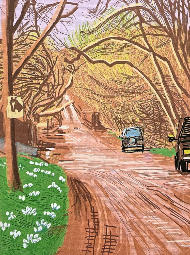 David Hockney - The Arrival of Spring in Woldgate - Road with Cars 83/500 - limitovaná edice s certifikátem, 35x50 cm