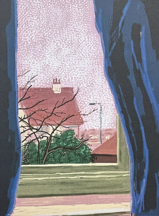 David Hockney - View from the window with blue curtains 80/500 - limitovaná edice, s certifikátem, 35x50 cm
