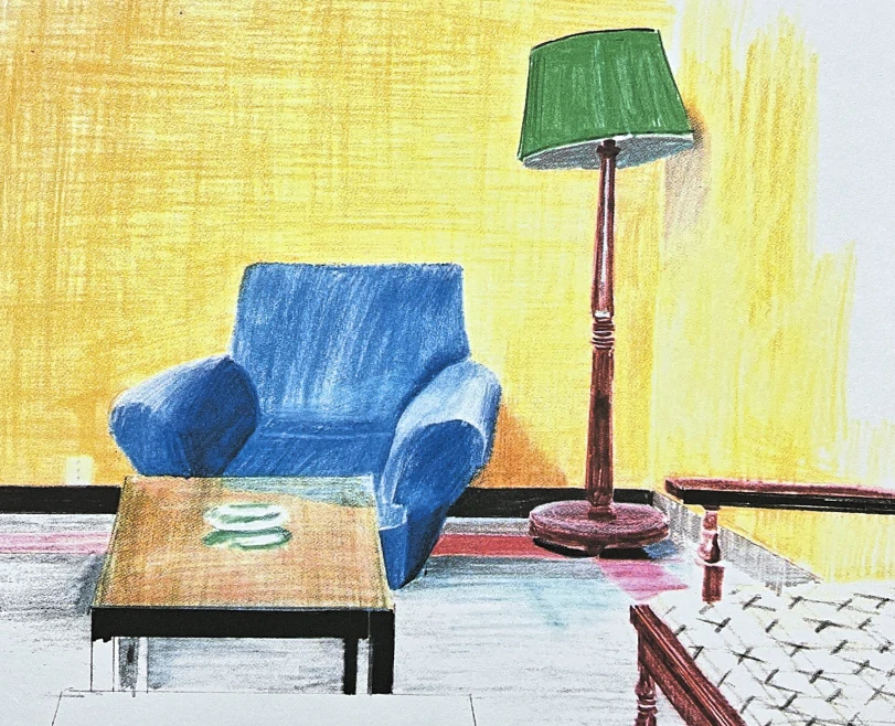 David Hockney - Armchair, table and lamp 22/500 - limitovaná edice, s certifikátem, 35x50 cm