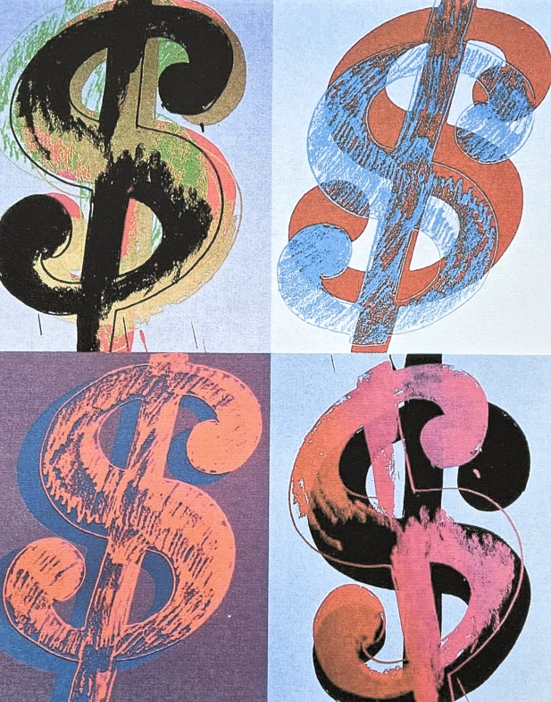 Andy Warhol - 4x Dollar Sign barevný na modrém pozadí 75/100 - edice Leo Castelli s certifikátem
