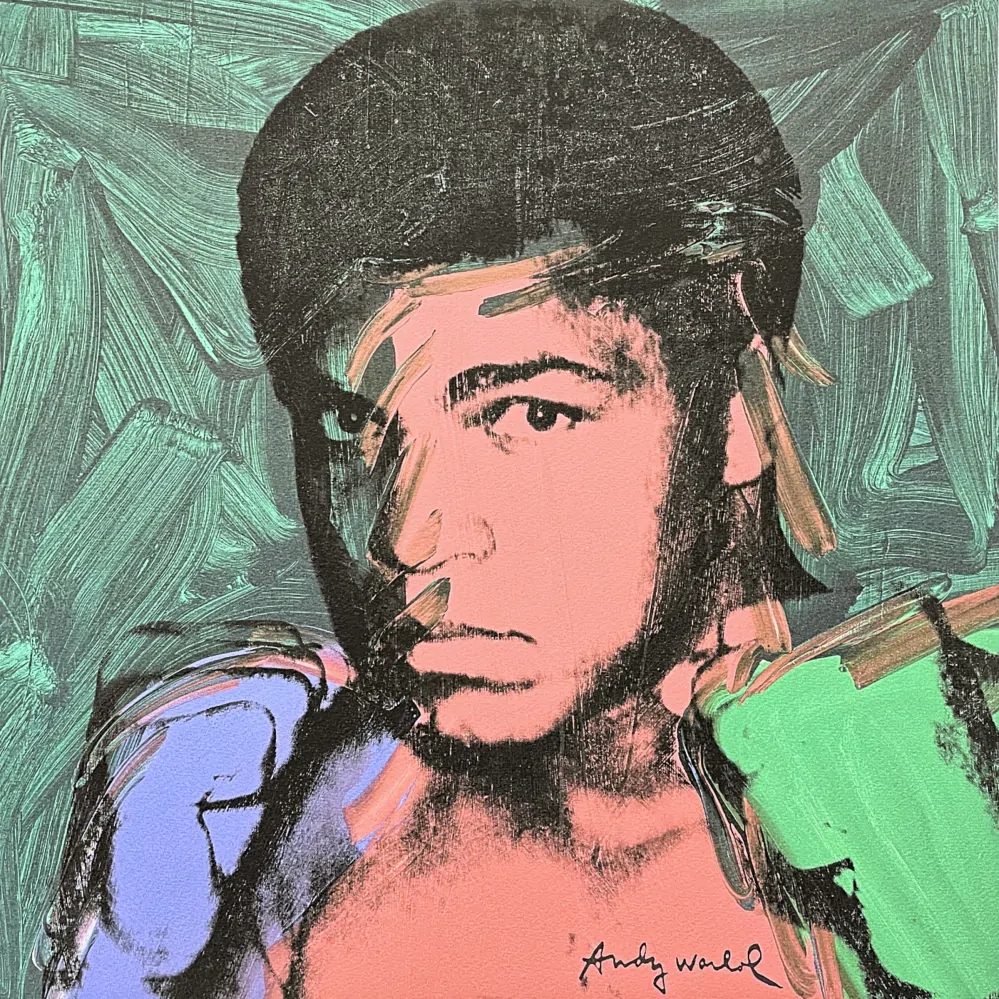 Andy Warhol - Muhammad Ali modro-zelený 281/500 - signováno, 50x50cm, limitovaná edice CMOA s certifikátem