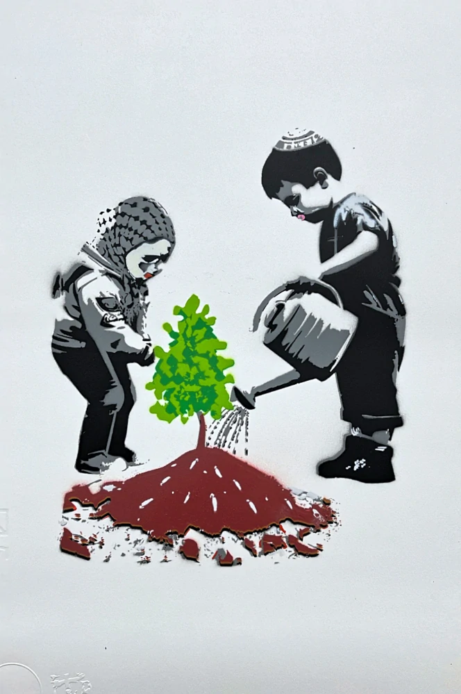BANKSY/NOT BANKSY - Out of War Comes Hope 7/10 - originální ručně stříkaný sprej na papíře