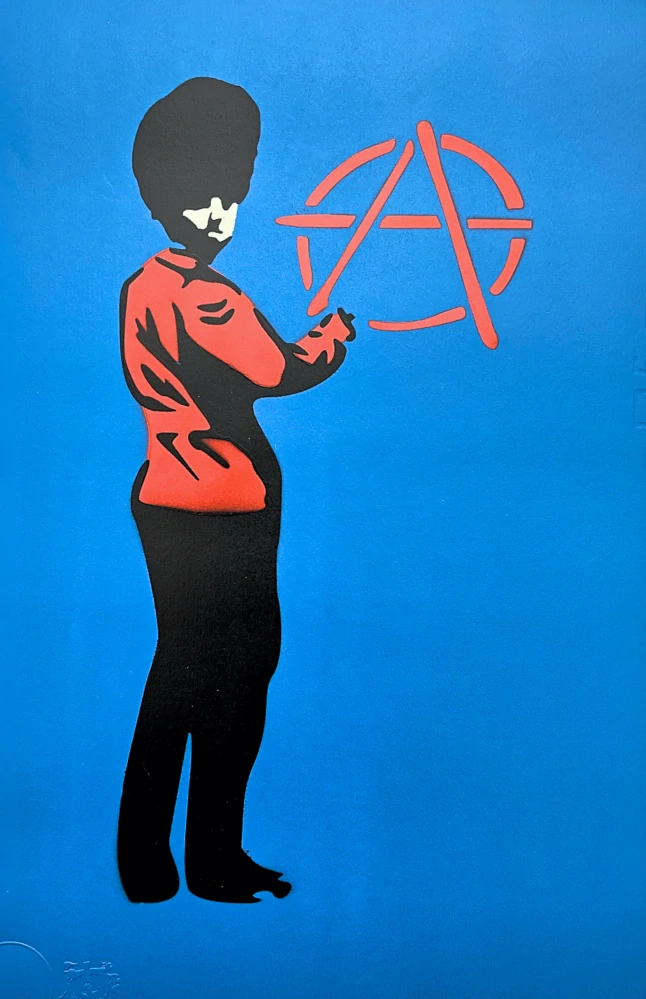 BANKSY/NOT BANKSY - Anarchy Guard blue 6/10 -  originální ručně stříkaný sprej na papíře