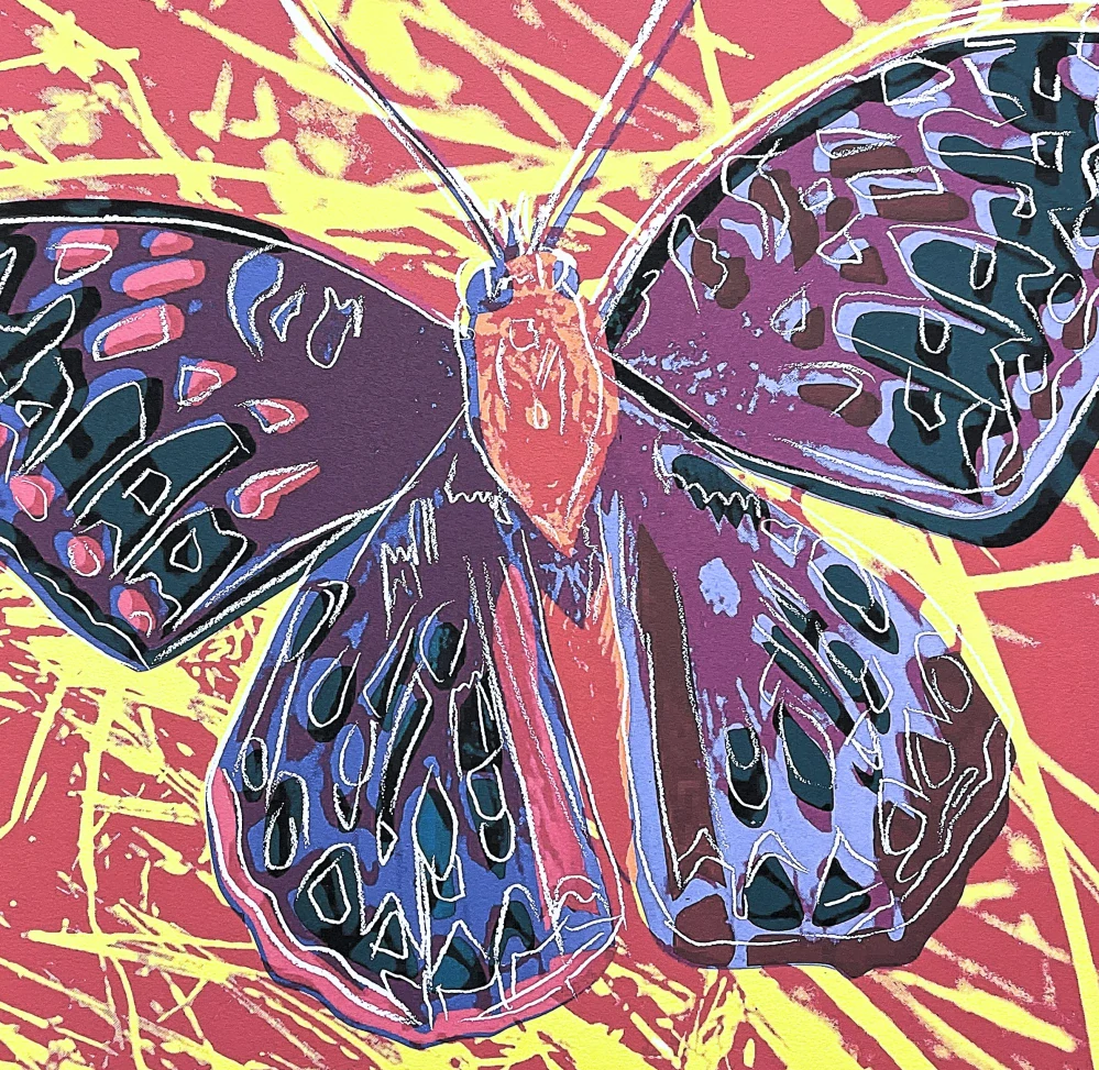 Andy Warhol - Butterfly červeno-žlutý 272/2400 - 60x60cm, limitovaná edice CMOA s certifikátem