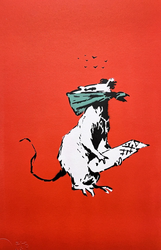 BANKSY/NOT BANKSY - Rat with Scalpel red 2/10 - originální ručně stříkaný sprej na papíře