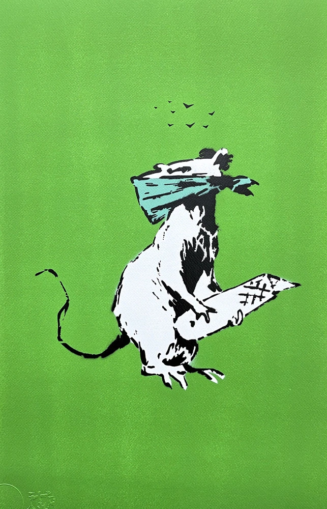 BANKSY/NOT BANKSY - Rat with Scalpel green 2/10 - originální ručně stříkaný sprej na papíře