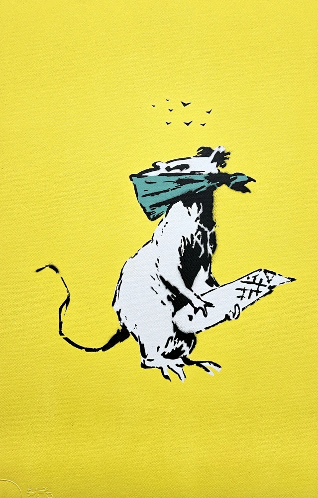 BANKSY/NOT BANKSY - Rat with Scalpel yellow 2/10 - originální ručně stříkaný sprej na papíře
