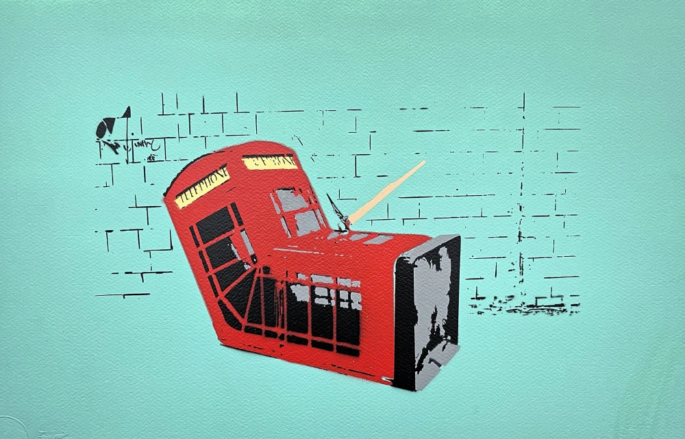 BANKSY/NOT BANKSY - Death of the Phone Box g/green 1/1 -  originální ručně stříkaný sprej na papíře