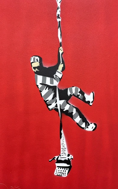 BANKSY/NOT BANKSY - Create escape red 3/5 - originální ručně stříkaný sprej na papíře