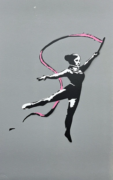 BANKSY/NOT BANKSY - Female Gymnast gray 1/1 - originální ručně stříkaný sprej na papíře