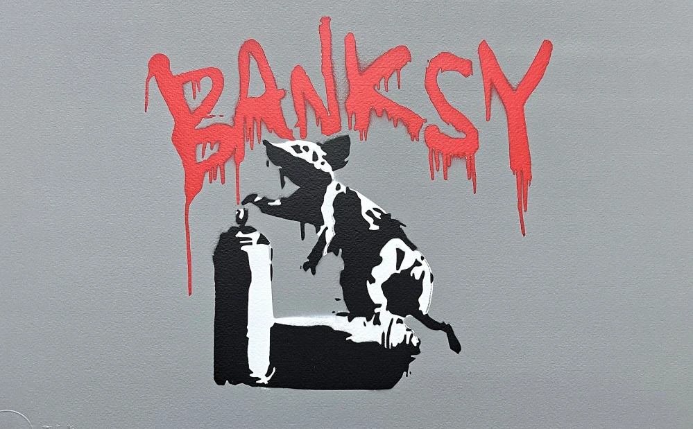 BANKSY/NOT BANKSY - Rat with Spray Cans gray 3/5 - originální ručně stříkaný sprej na papíře