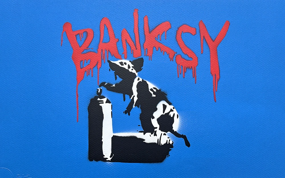 BANKSY/NOT BANKSY - Rat with Spray Cans blue 3/5 - originální ručně stříkaný sprej na papíře