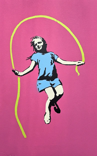 BANKSY/NOT BANKSY - Girl with skipping rope pink 1/5 - originální ručně stříkaný sprej na papíře
