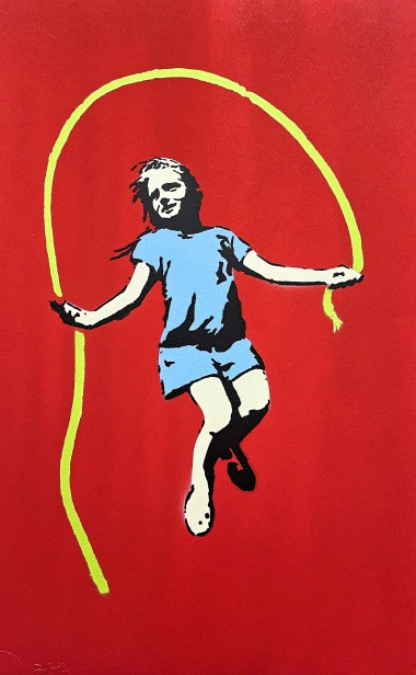 BANKSY/NOT BANKSY - Girl with skipping rope red 1/5 - originální ručně stříkaný sprej na papíře