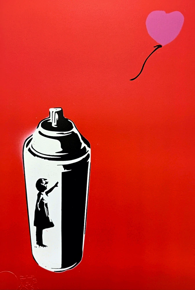 BANKSY/NOT BANKSY - Girl with spray can - red 1/5 -  originální ručně stříkaný sprej na papíře, 35x50cm