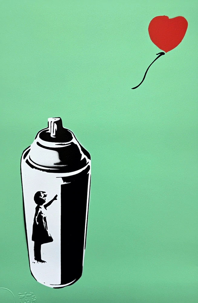 BANKSY/NOT BANKSY - Girl with spray can - L/green 1/5 -  originální ručně stříkaný sprej na papíře, 35x50cm
