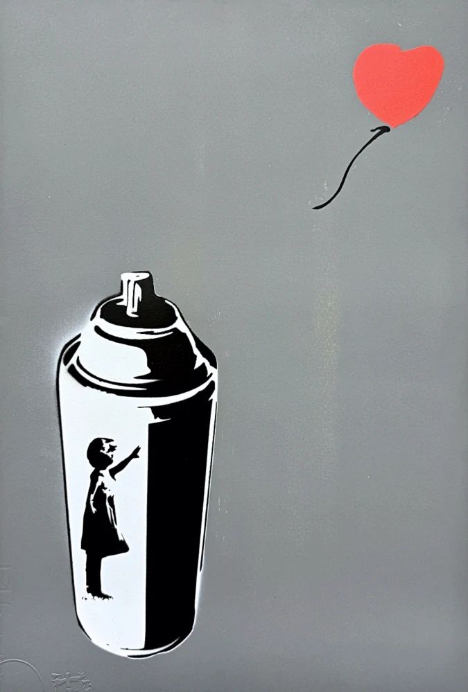 BANKSY/NOT BANKSY - Girl with spray can - gray 1/5 -  originální ručně stříkaný sprej na papíře, 35x50cm