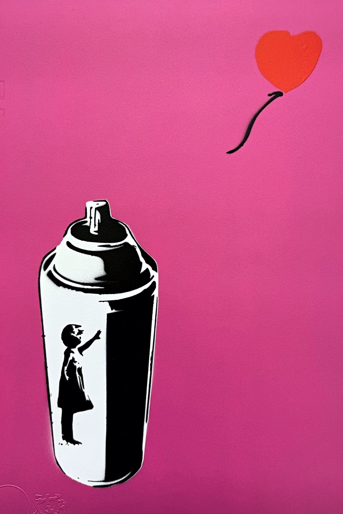 BANKSY/NOT BANKSY - Girl with spray can - pink 1/5 -  originální ručně stříkaný sprej na papíře, 35x50cm