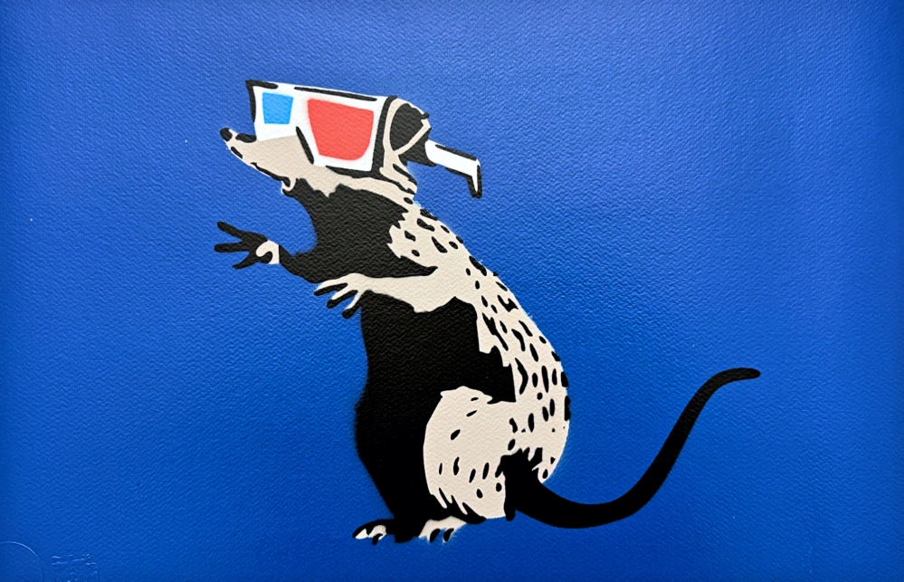 BANKSY/NOT BANKSY - 3D Rat - blue 1/5 - originální ručně stříkaný sprej na papíře