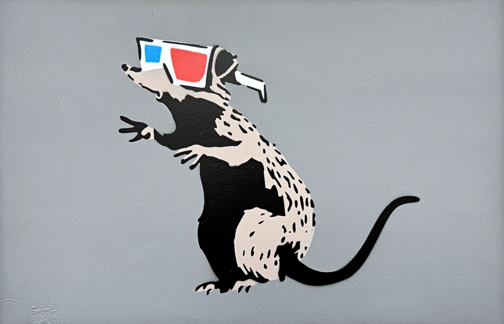BANKSY/NOT BANKSY - 3D Rat - gray 1/5 - originální ručně stříkaný sprej na papíře
