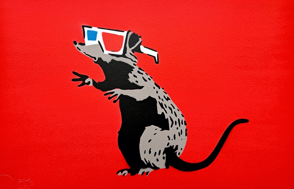BANKSY/NOT BANKSY - 3D Rat - red 1/5 - originální ručně stříkaný sprej na papíře