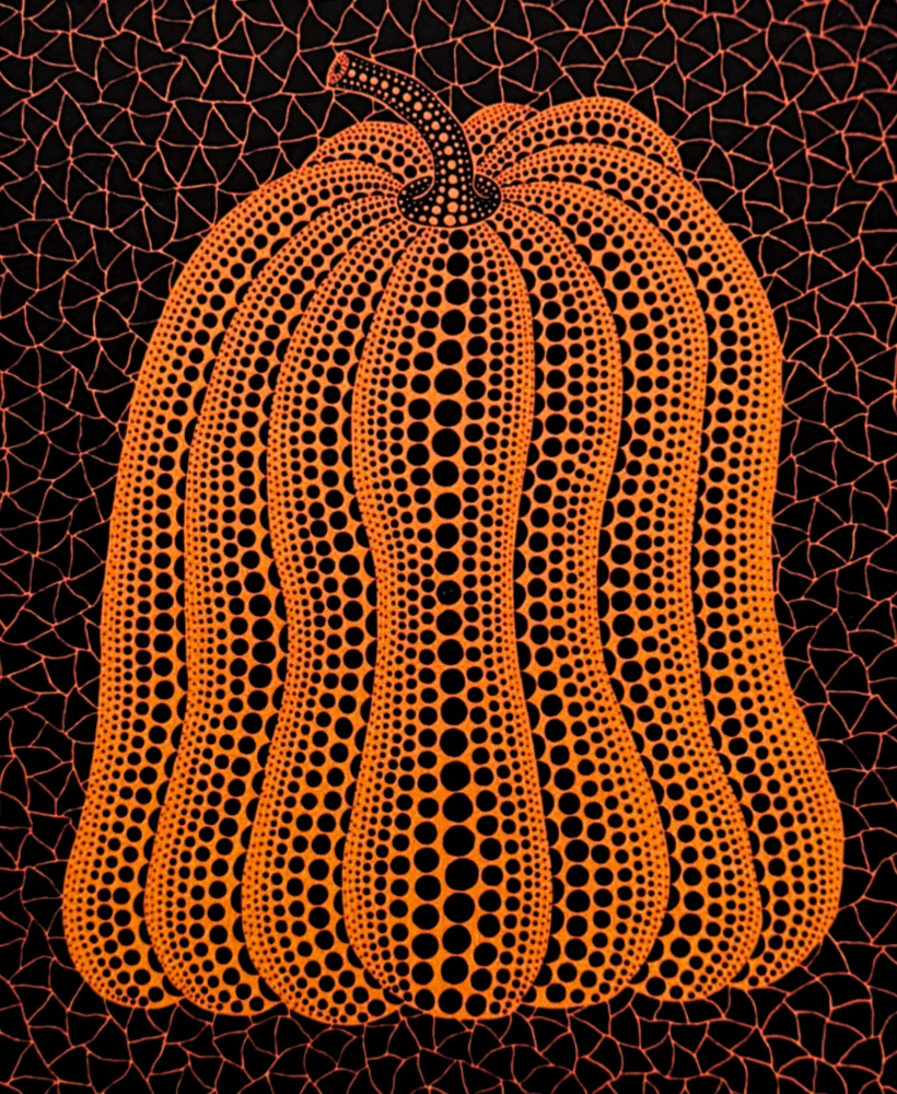 Yayoi Kusama - Orange pumpkin on black x/500 - signováno, číslovaná edice, 50x65 cm