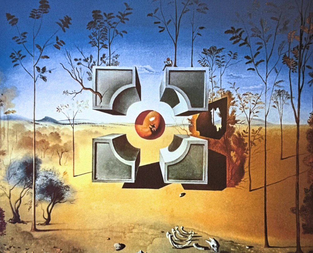 Salvador Dalí - Surrealist Landscape with Floating Cubes - signováno, limitovaná edice, 66x50cm