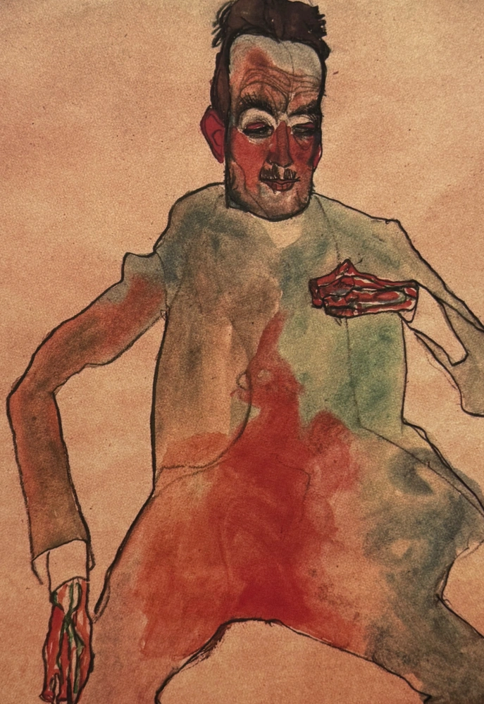 Egon Schiele - Seated Male Figure in Red and Green - x/200 - limitovaná edice, s certifikátem, 50x70 cm