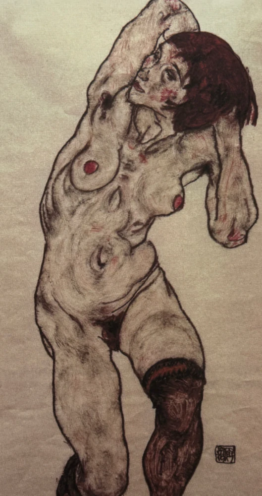 Egon Schiele - Kneeling Female Nude with Raised Arms - x/200 - limitovaná edice, s certifikátem, 50x70 cm