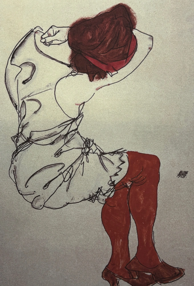 Egon Schiele - Woman in White Blouse and Red Stockings Seen from Behind - x/200 - limitovaná edice, s certifikátem, 50x70 cm
