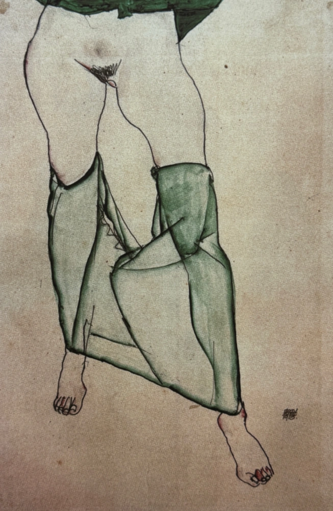 Egon Schiele - Kneeling Female Nude with Green Stockings - x/200 - limitovaná edice, s certifikátem, 50x70 cm