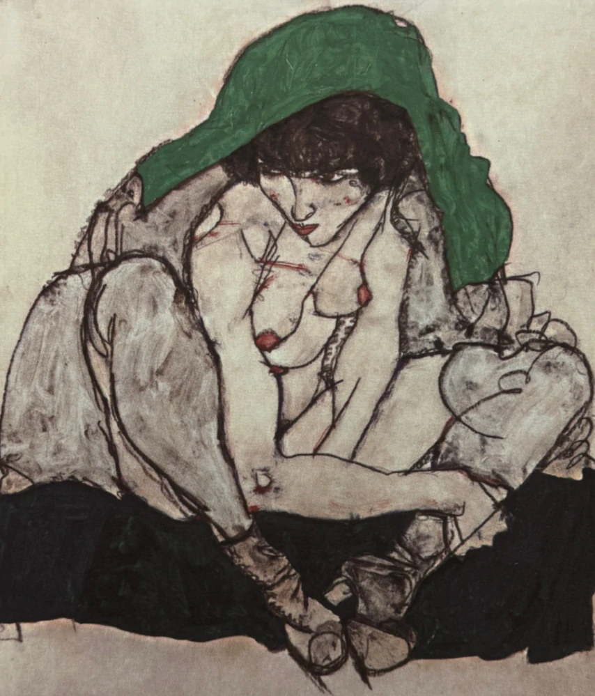 Egon Schiele - Crouching Female Nude with Green Drapery - x/200 - limitovaná edice, s certifikátem, 50x70 cm