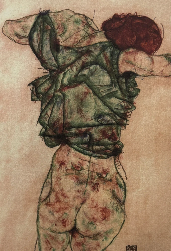 Egon Schiele - Standing Female Nude in Green Blouse Seen from Behind x/200 - limitovaná edice, s certifikátem, 50x70 cm