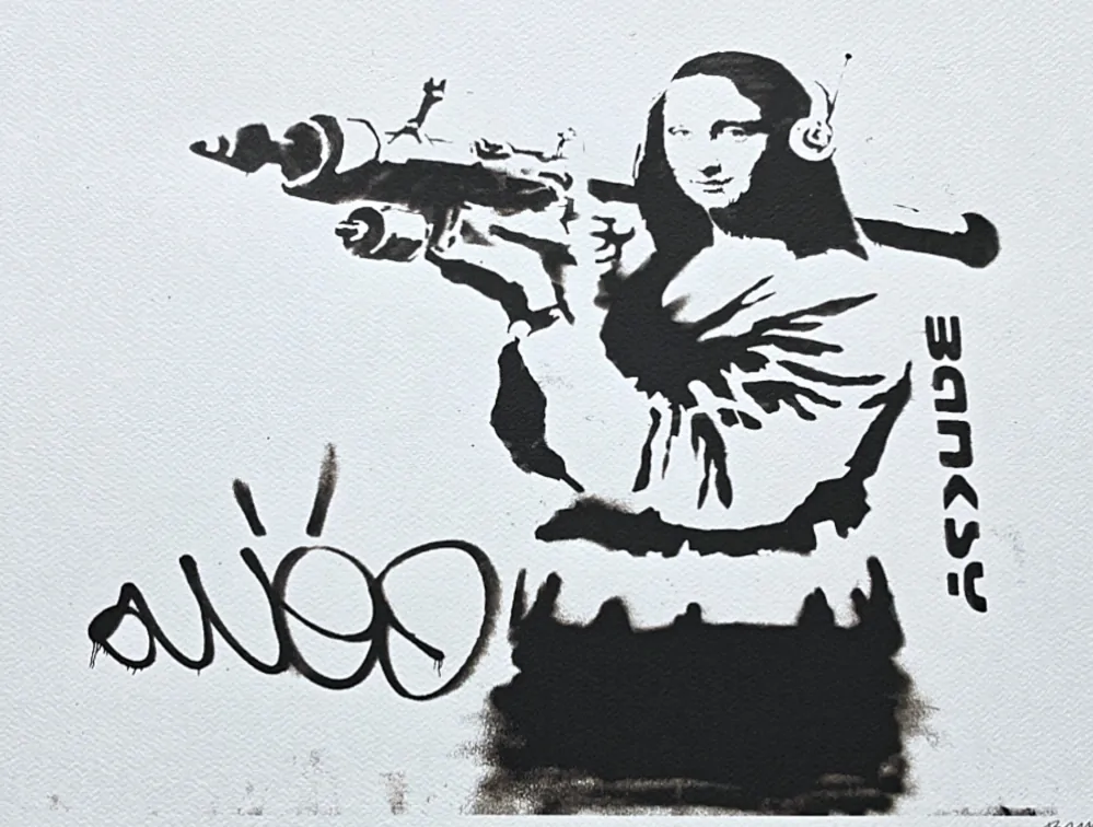 Banksy - Mona Lisa bazooka 38/150 - číslovaná edice s certifikátem, 70x50cm