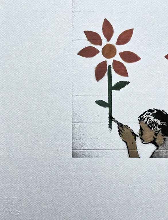 Banksy - Boy with flower wall 61/150 - číslovaná edice s certifikátem, 70x50cm