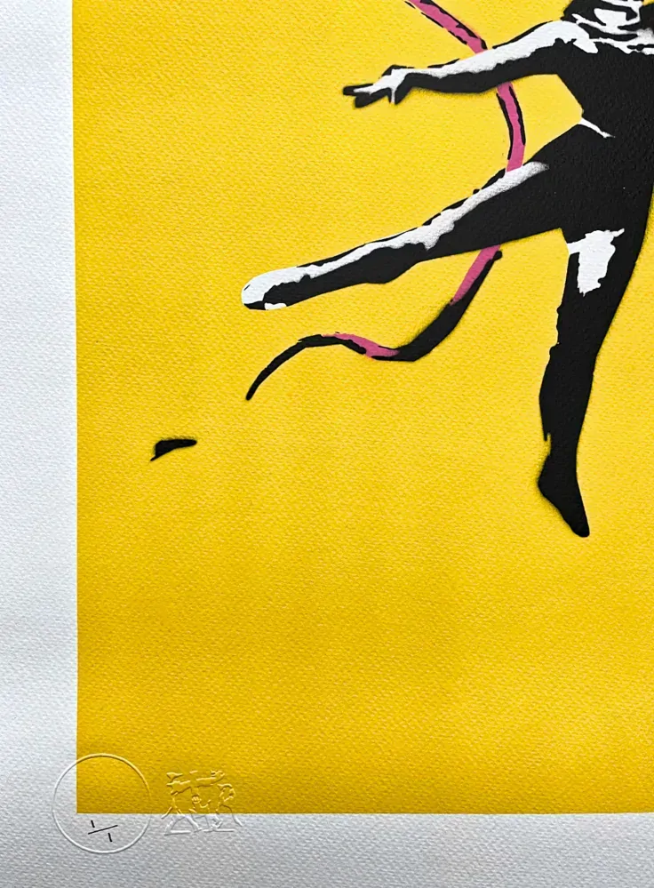 BANKSY/NOT BANKSY - Female Gymnast yellow 1/1 - originální ručně stříkaný sprej na papíře