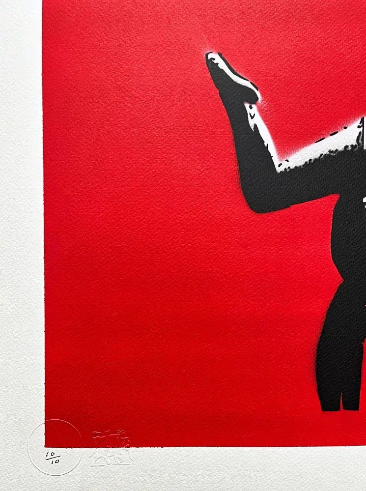 BANKSY/NOT BANKSY - Handstand Gymnast red 10/10 - originální ručně stříkaný sprej na papíře