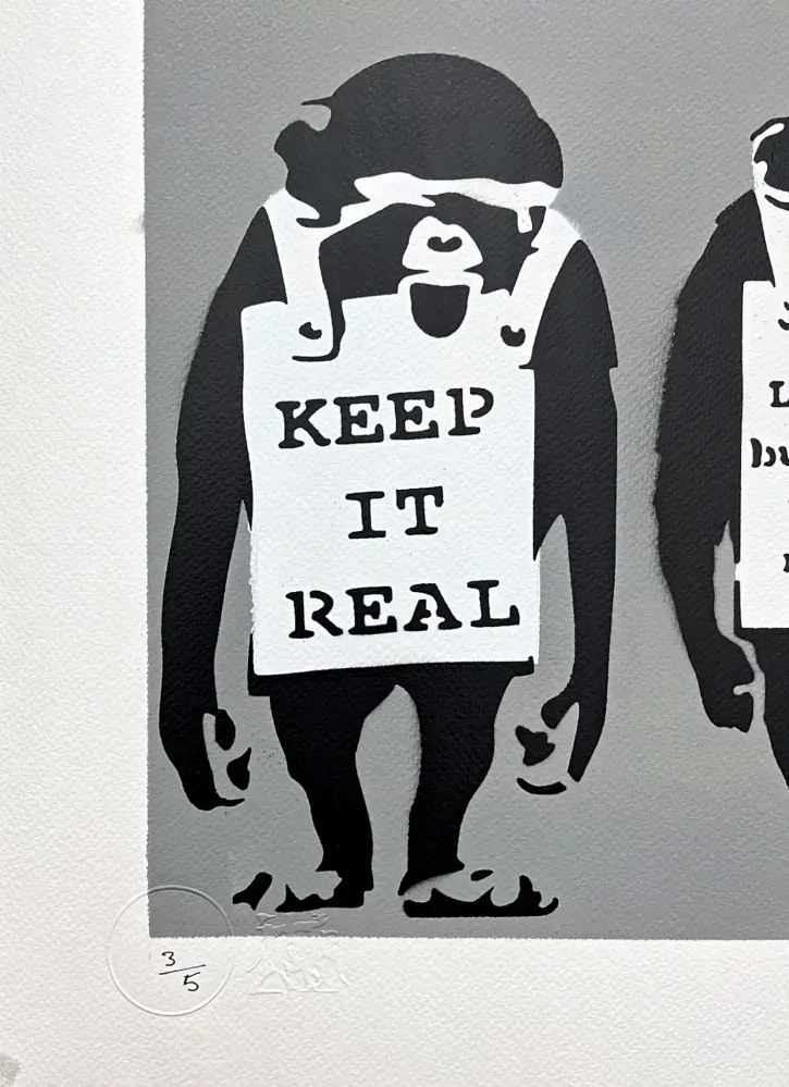 BANKSY/NOT BANKSY - Keep it Real gray 3/5 - originální ručně stříkaný sprej na papíře
