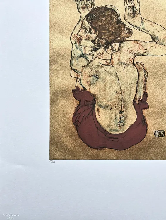 Egon Schiele - Sitting Woman act with red skirt 100/200 - limitovaná edice, s certifikátem, 50x70 cm