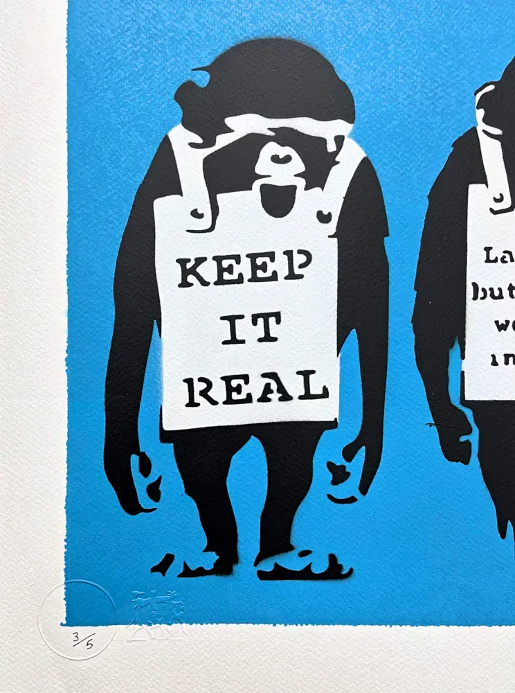 BANKSY/NOT BANKSY - Keep it Real  blue 3/5 - originální ručně stříkaný sprej na papíře