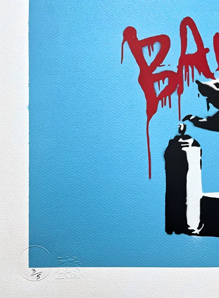 BANKSY/NOT BANKSY - Rat with Spray Cans L-blue 3/5 - originální ručně stříkaný sprej na papíře