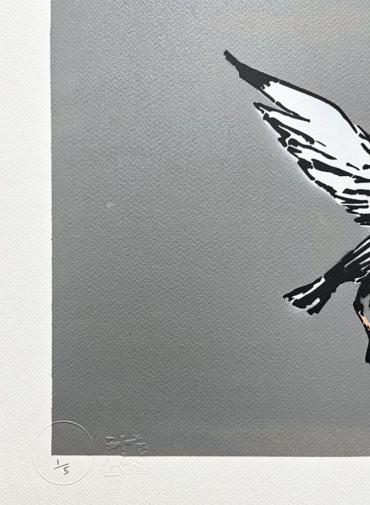 BANKSY/NOT BANKSY - Swooping Seagull gray 1/5 -  originální ručně stříkaný sprej na papíře