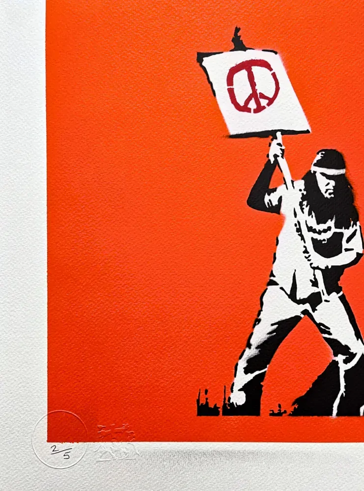 BANKSY/NOT BANKSY - Peace vs Love orange 2/5 - originální ručně stříkaný sprej na papíře