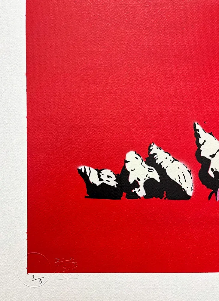 BANKSY/NOT BANKSY - Luxury Rentals Only red 2/5 - originální ručně stříkaný sprej na papíře