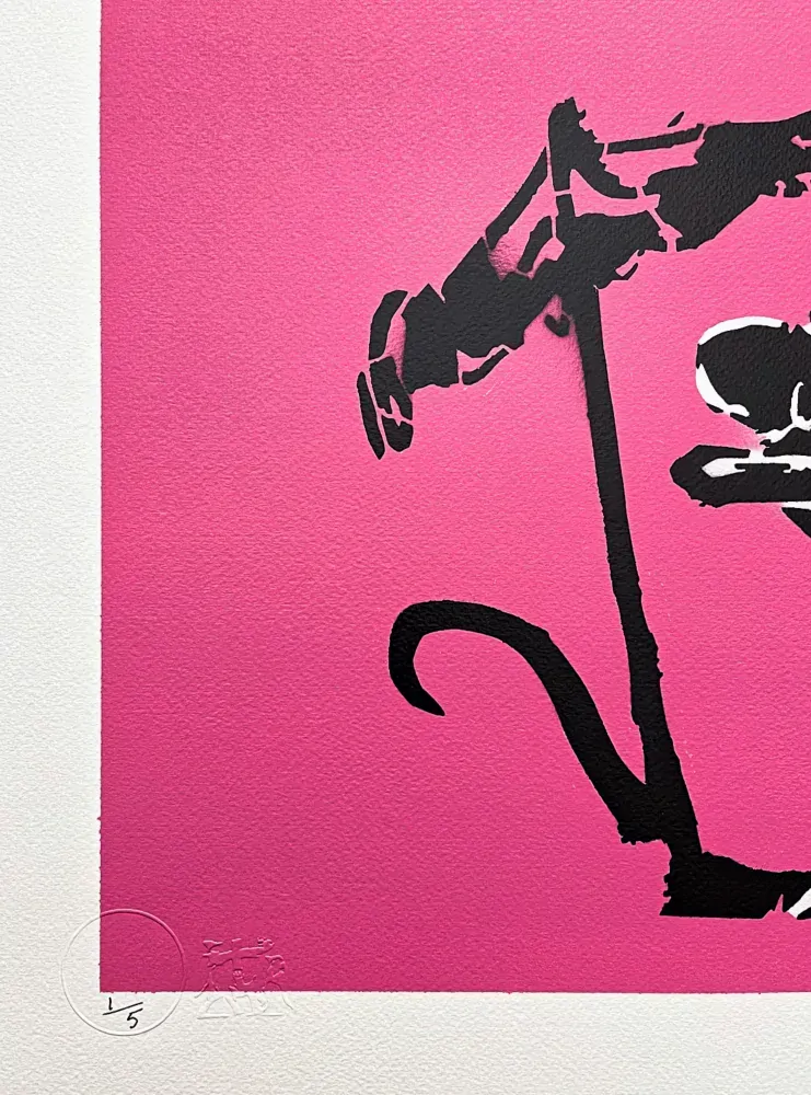 BANKSY/NOT BANKSY - Rat Drinking Coctail pink 1/5 - originální ručně stříkaný sprej na papíře