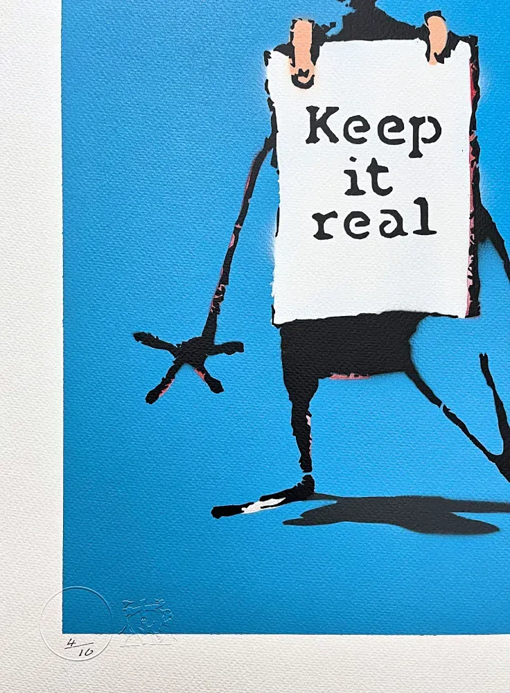 BANKSY/NOT BANKSY - Keep it Real F-blue 4/10 - originální ručně stříkaný sprej na papíře