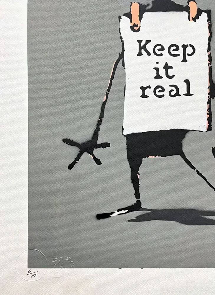 BANKSY/NOT BANKSY - Keep it Real gray 6/10 -  originální ručně stříkaný sprej na papíře