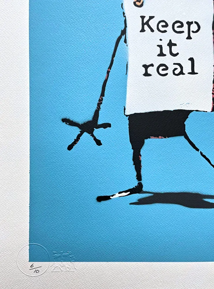 BANKSY/NOT BANKSY - Keep it Real L-blue 6/10 - originální ručně stříkaný sprej na papíře